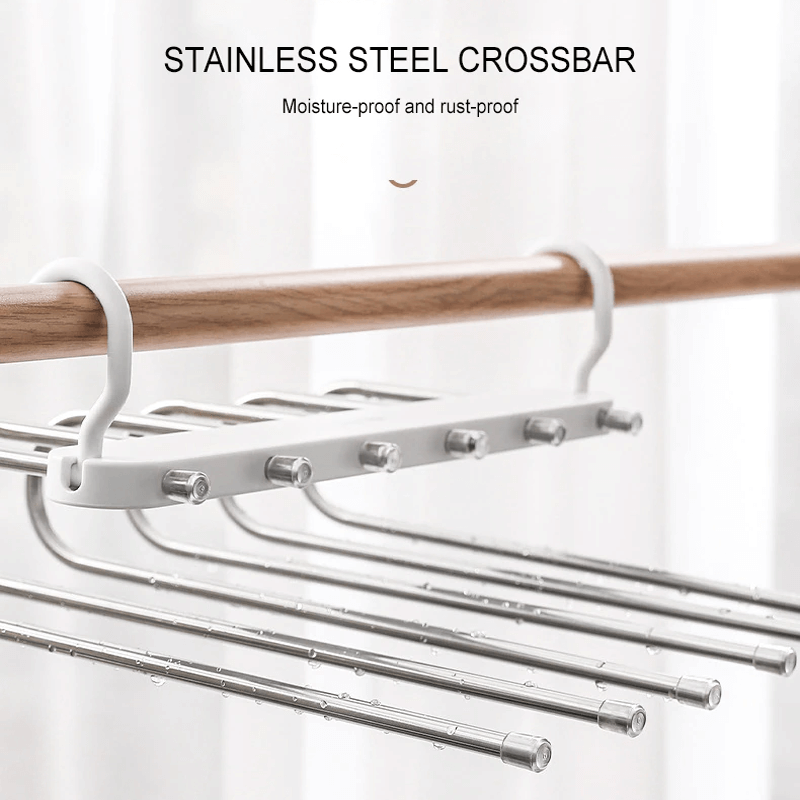 6-i-1 foldbar bukseophæng i rustfrit stål | Multifunktionel tøjophæng til garderobe og rejser – Spar plads med justerbare lag