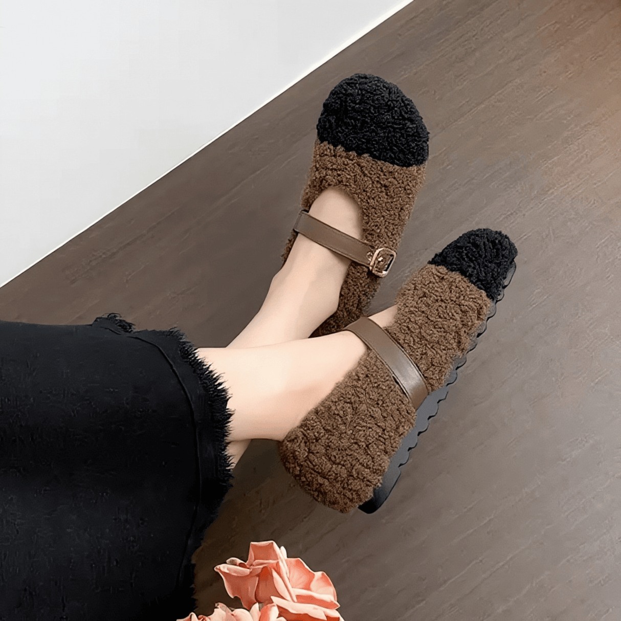 CuddleFlex - Plush Cozy Shoes with Gold Buckle & Two-tone Comfort for Indoor and Light Outdoor Use