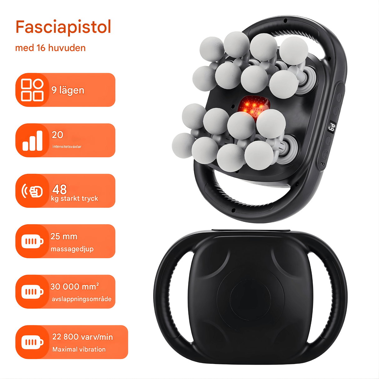 PulseRelief - 16-hoved-massagepistol med 9 tilstande & 20 intensitetsniveauer til hele kroppen