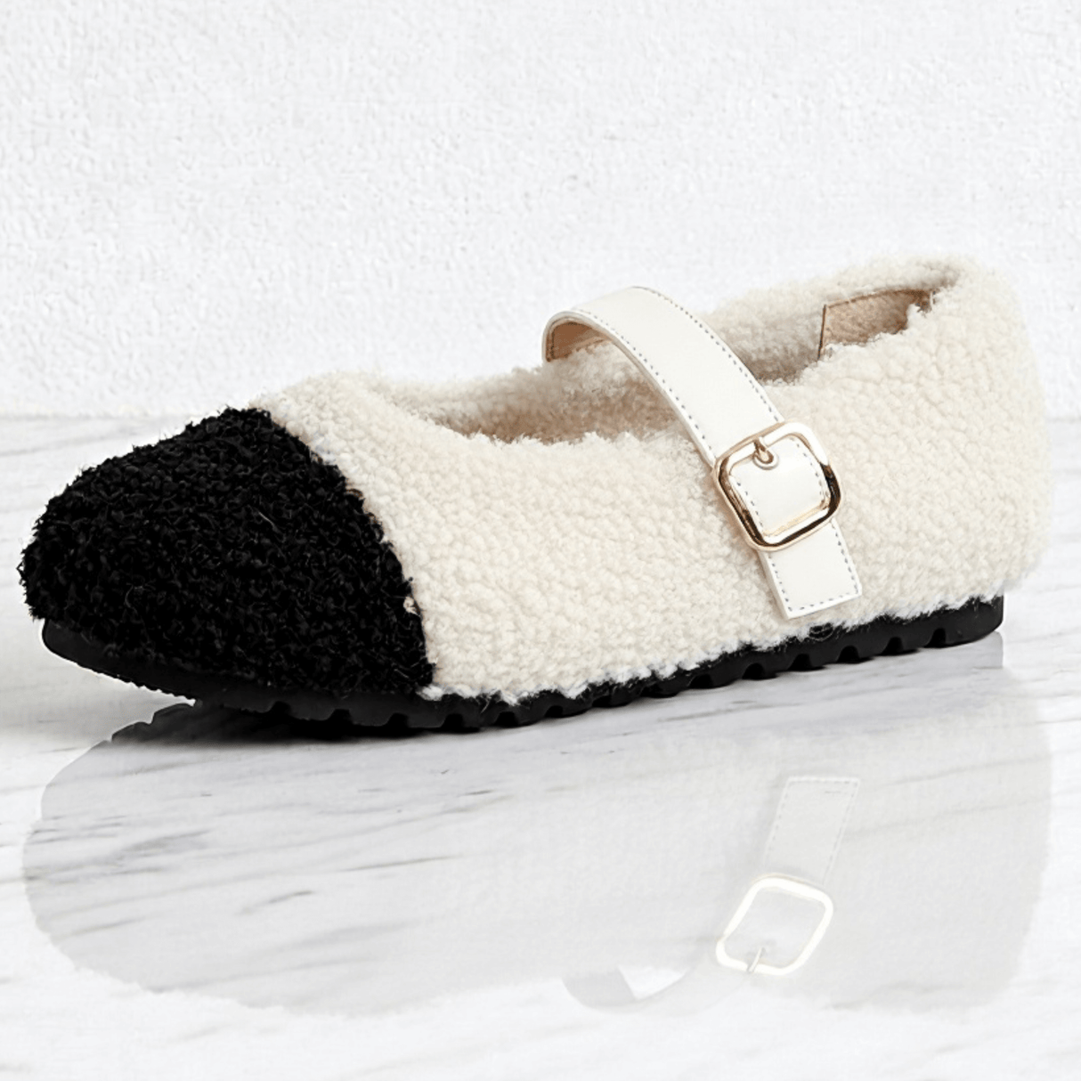 CuddleFlex - Plush Cozy Shoes with Gold Buckle & Two-tone Comfort for Indoor and Light Outdoor Use