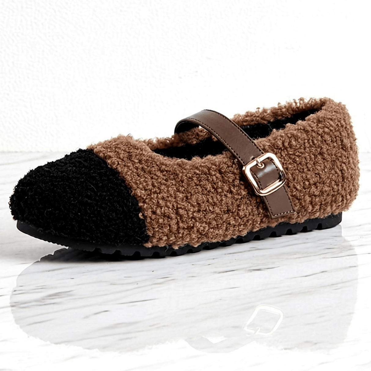 CuddleFlex - Plush Cozy Shoes with Gold Buckle & Two-tone Comfort for Indoor and Light Outdoor Use