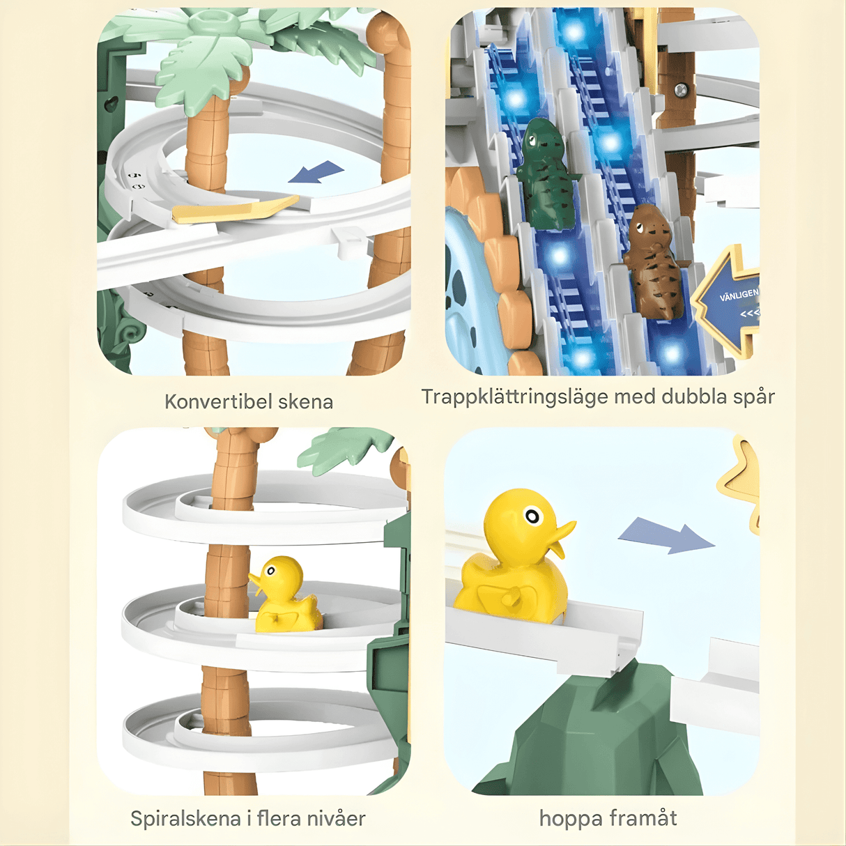 DinoTrack - Elektrisk dobbeltsporet dinosaurrutsjebane med dynamisk klatretrappe, lys & Musik til børn