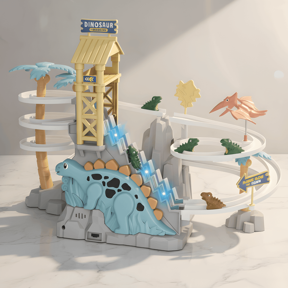 DinoTrack - Elektrisk dobbeltsporet dinosaurrutsjebane med dynamisk klatretrappe, lys & Musik til børn