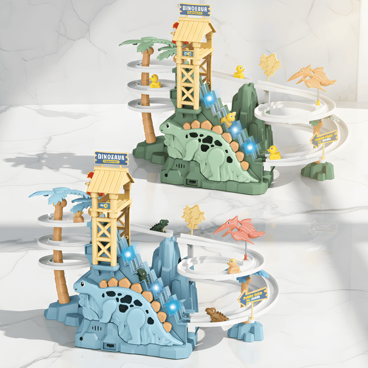 DinoTrack - Elektrisk dobbeltsporet dinosaurrutsjebane med dynamisk klatretrappe, lys & Musik til børn