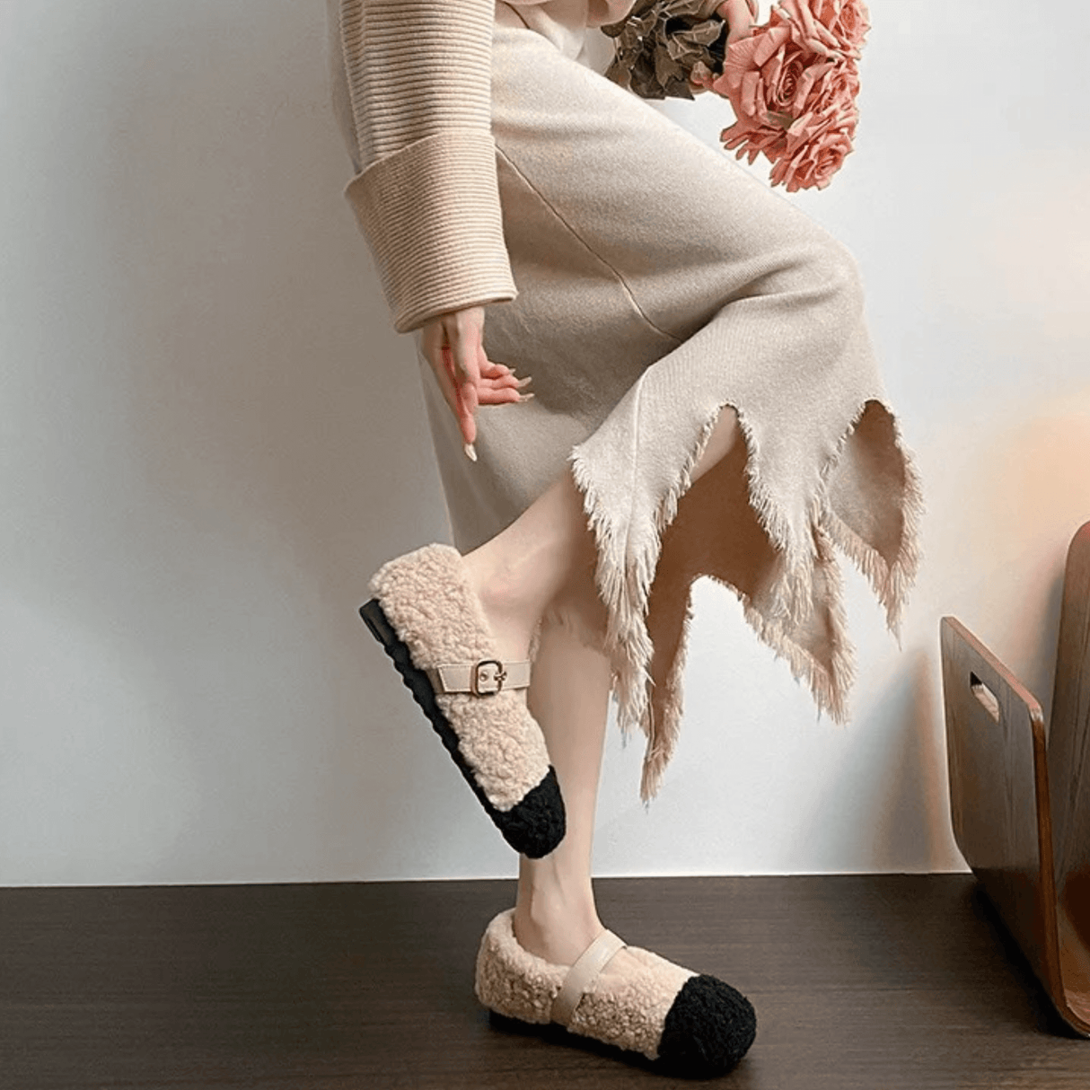 CuddleFlex - Plush Cozy Shoes with Gold Buckle & Two-tone Comfort for Indoor and Light Outdoor Use