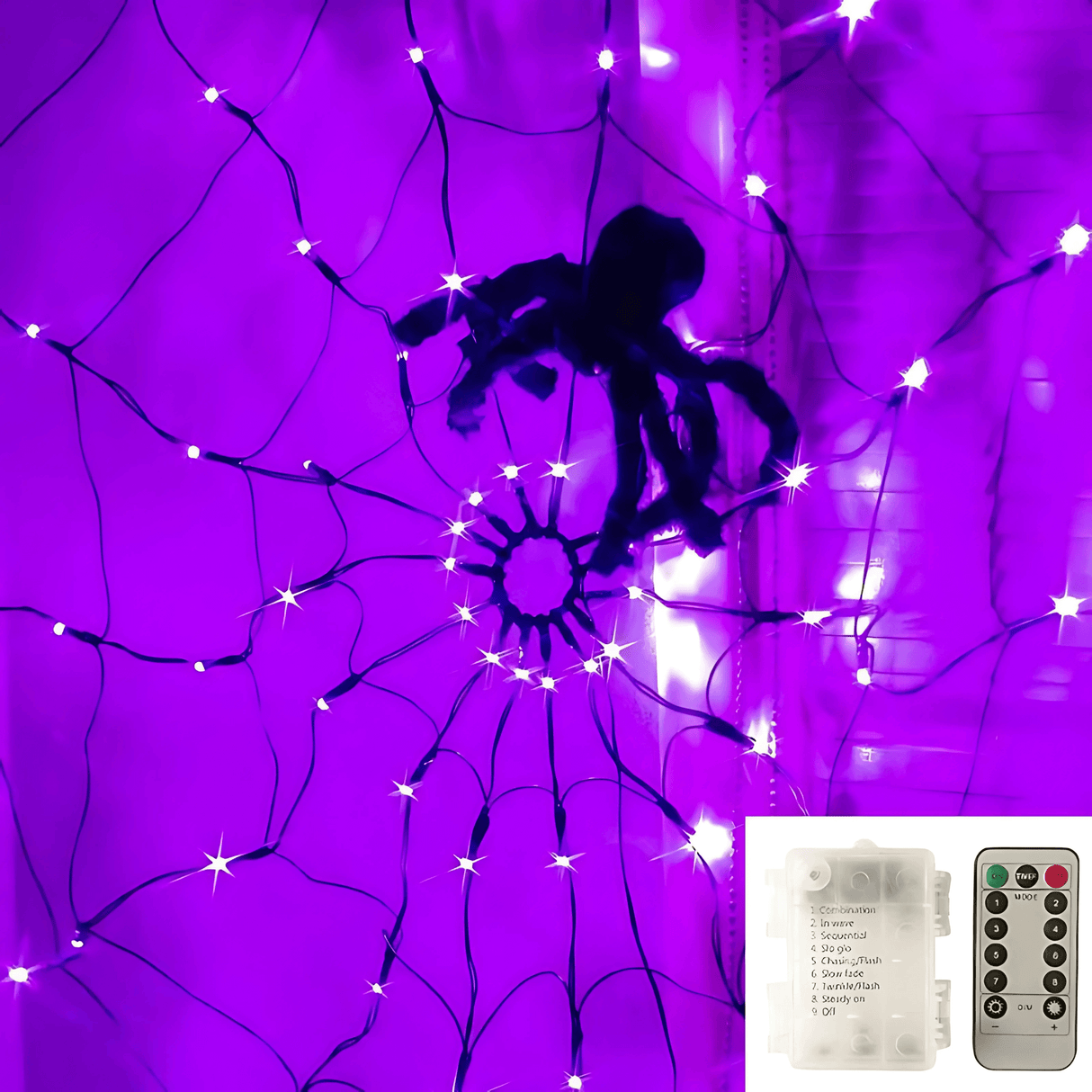 SpiderGlow – Halloween Spindelnät LED-ljusslinga med Fjärrkontroll, Spindeldekoration & 8 Ljuslägen