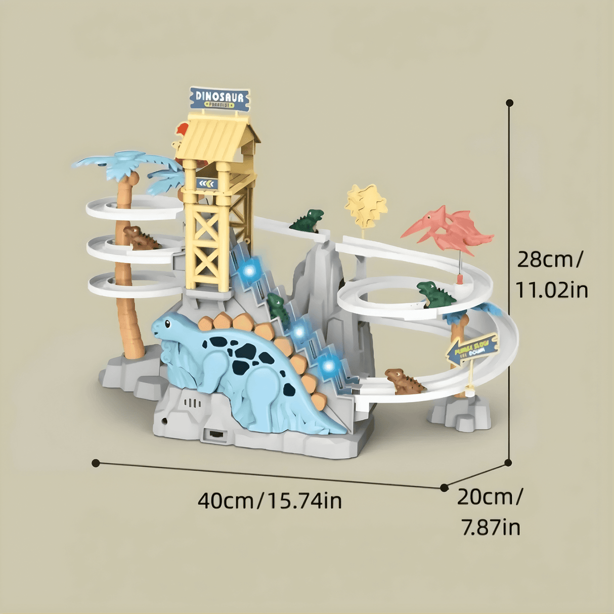 DinoTrack - Elektrisk dobbeltsporet dinosaurrutsjebane med dynamisk klatretrappe, lys & Musik til børn