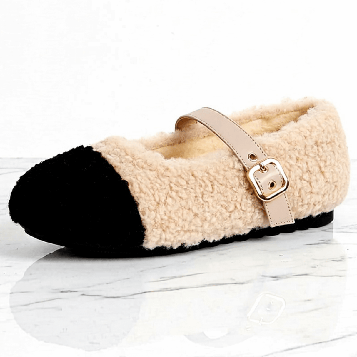 CuddleFlex - Plush Cozy Shoes with Gold Buckle & Two-tone Comfort for Indoor and Light Outdoor Use
