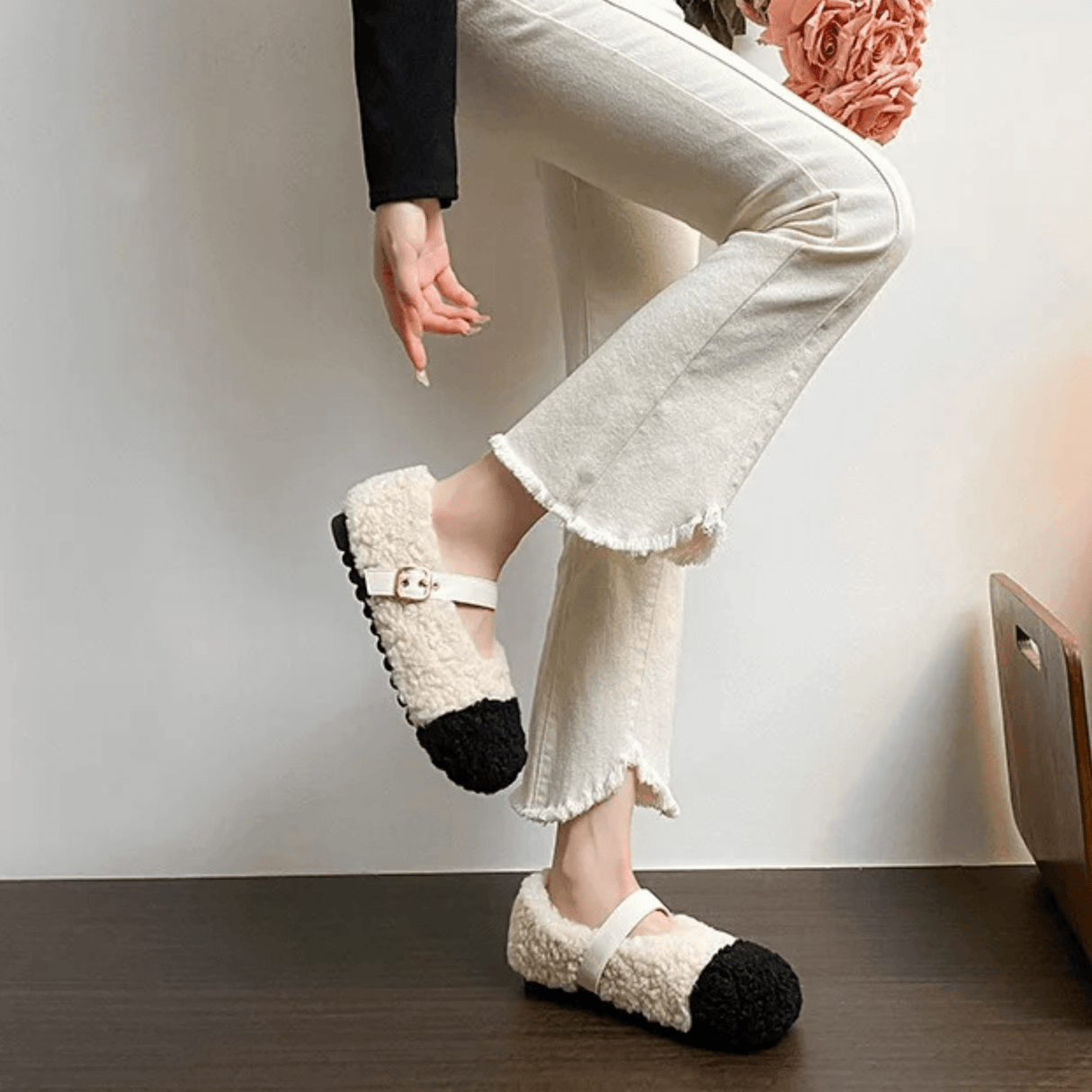 CuddleFlex - Plush Cozy Shoes with Gold Buckle & Two-tone Comfort for Indoor and Light Outdoor Use