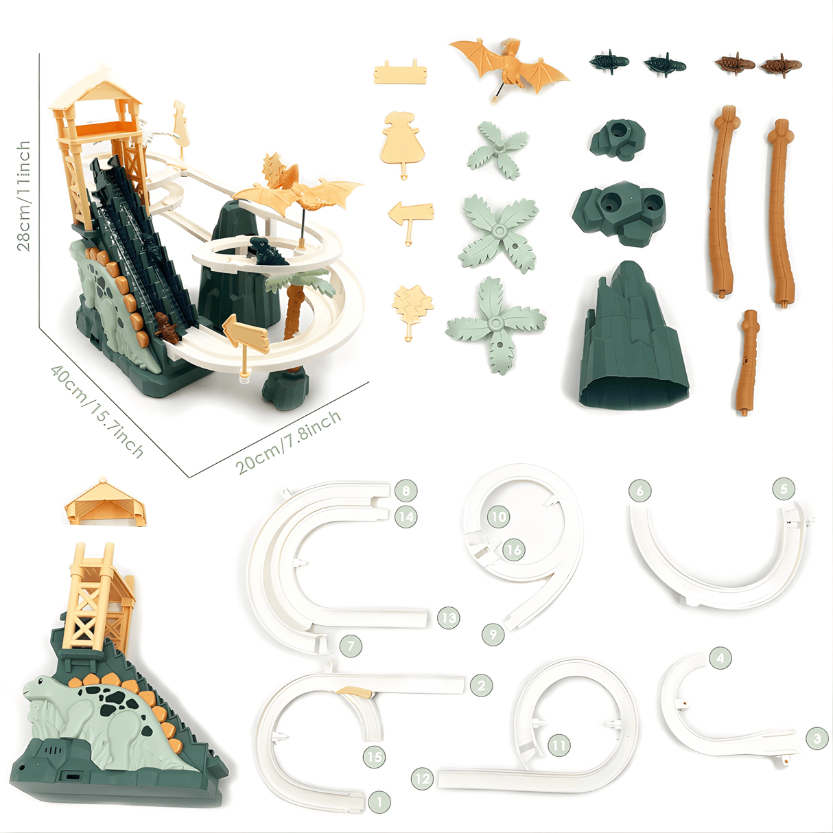 DinoTrack - Elektrisk dobbeltsporet dinosaurrutsjebane med dynamisk klatretrappe, lys & Musik til børn