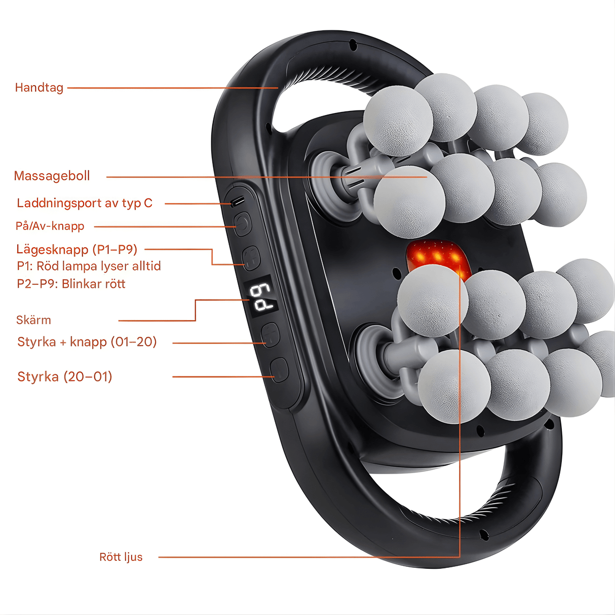 PulseRelief - 16-hoved-massagepistol med 9 tilstande & 20 intensitetsniveauer til hele kroppen