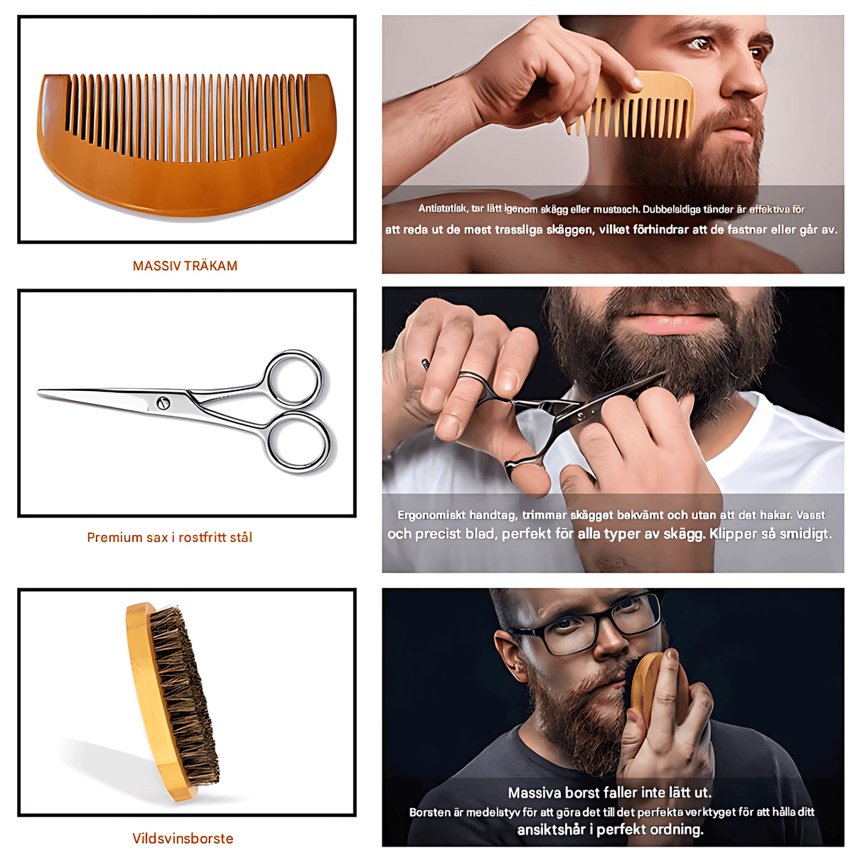 BeardMaster – 6-i-1 Skäggvårdskit för Män med Olja, Balm, Kam, Borste & Sax