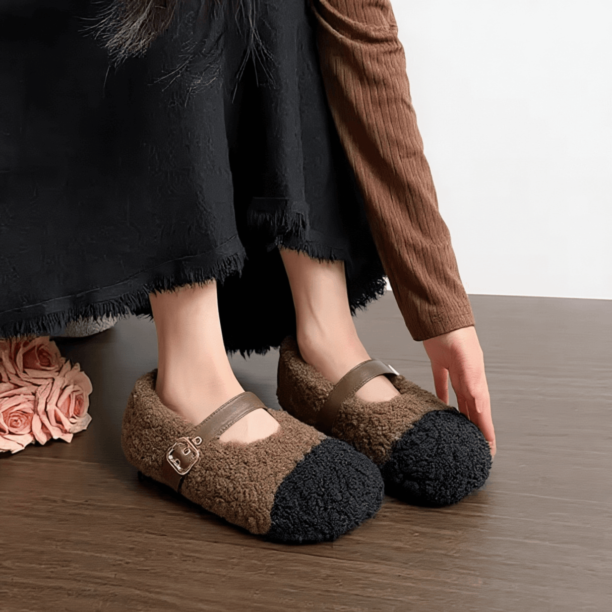 CuddleFlex - Plush Cozy Shoes with Gold Buckle & Two-tone Comfort for Indoor and Light Outdoor Use