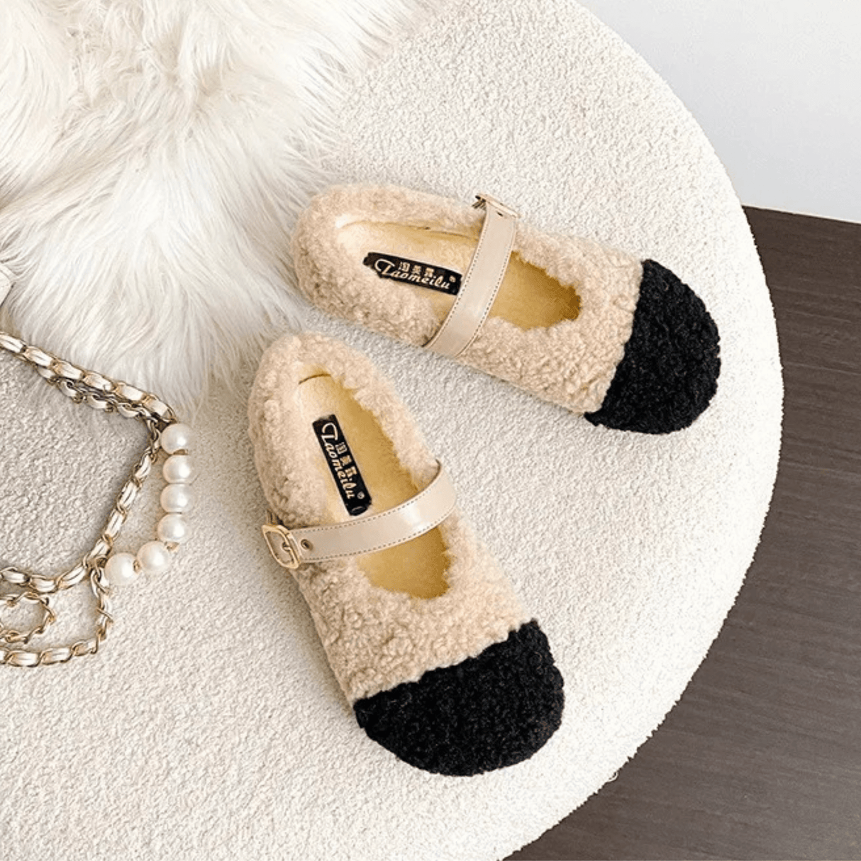 CuddleFlex - Plush Cozy Shoes with Gold Buckle & Two-tone Comfort for Indoor and Light Outdoor Use