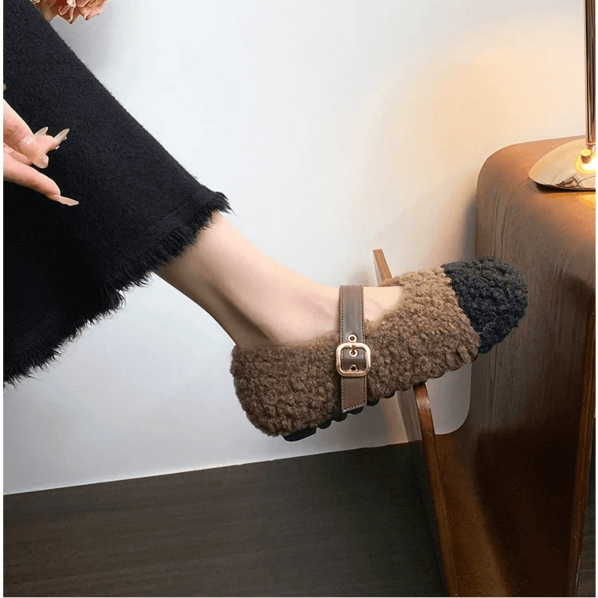 CuddleFlex - Plush Cozy Shoes with Gold Buckle & Two-tone Comfort for Indoor and Light Outdoor Use