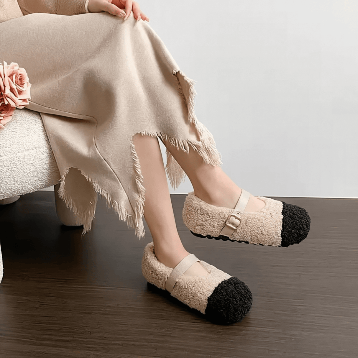 CuddleFlex - Plush Cozy Shoes with Gold Buckle & Two-tone Comfort for Indoor and Light Outdoor Use