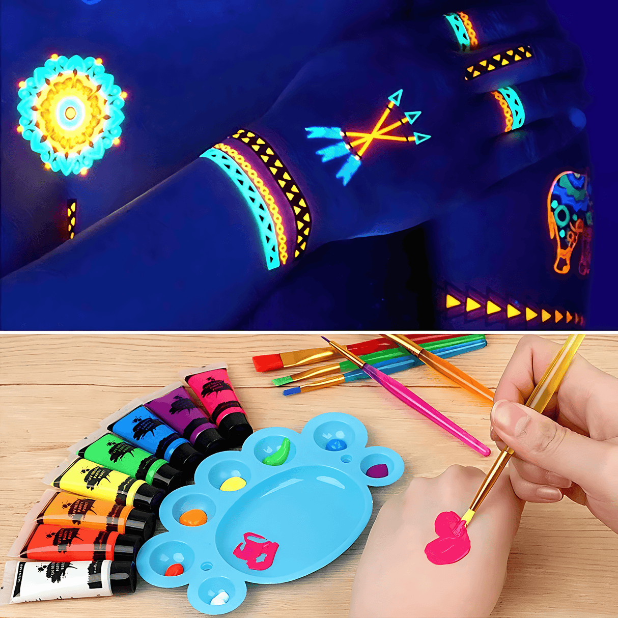 NeonAura – Halloween Neon Fluorescerende UV Kropsmaling Sæt til Ansigt og Krop, Lyser i Mørket, Fest- og Festivalmaling