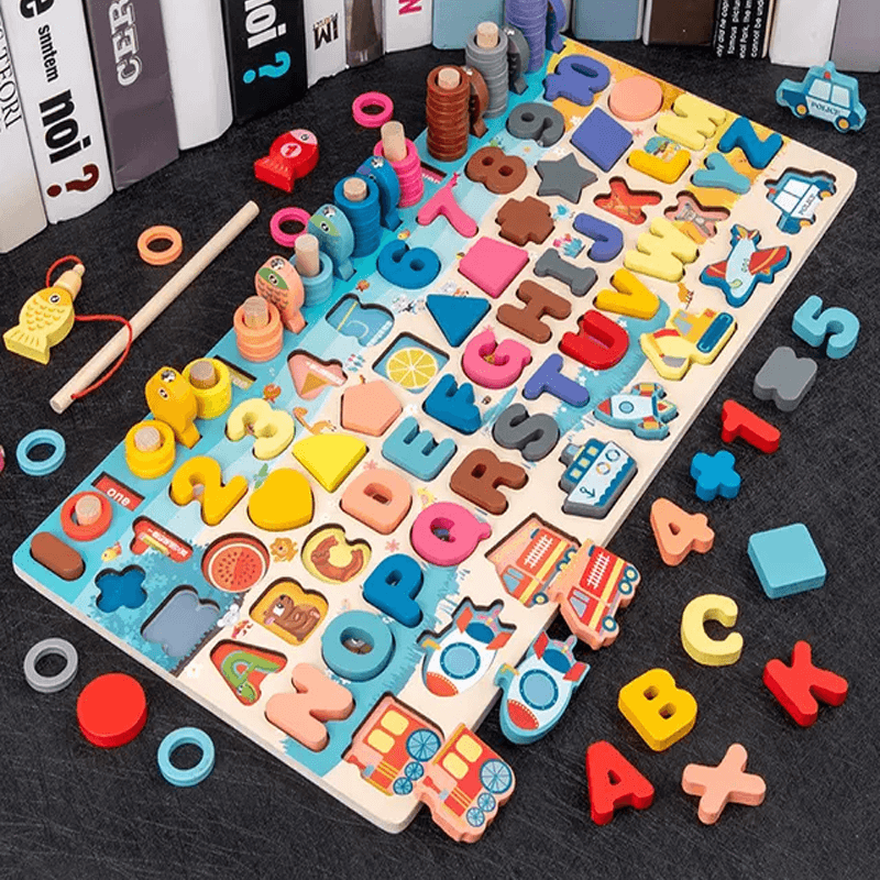 Montessori Träpussel för Småbarn | 5-i-1 Utbildningsleksak i Trä med Fiskespel, Sortering & Räkning – Pedagogiskt Lärspel för Barn 2–5 år