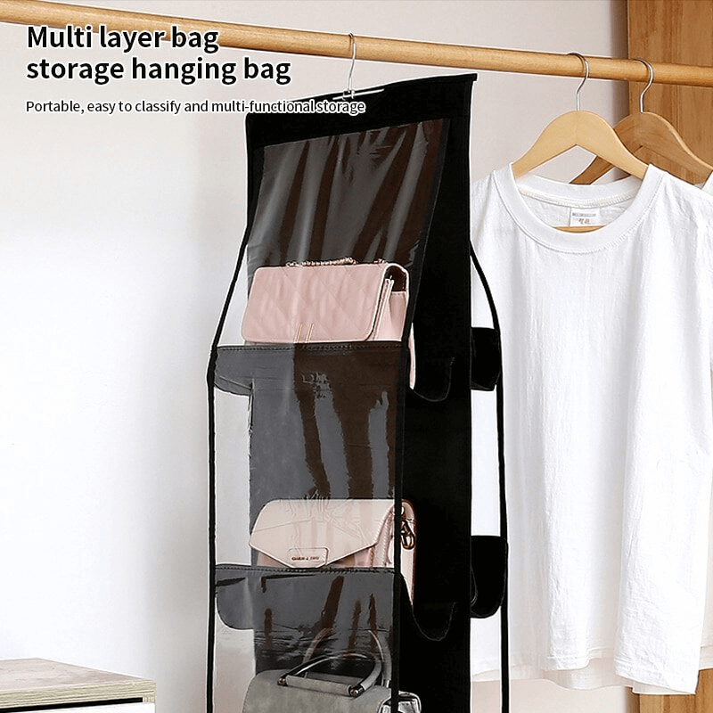 Sort hængende garderobeskab med 6 lommer | Dobbeltsidet opbevaringsløsning til tasker, sko og tøj