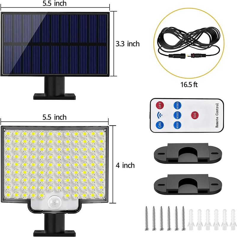 Solcellsdriven LED Strålkastare med Rörelsesensor | 106 LED, 3000LM, 180° Belysning, 4 Lägen, IP65 Vattentät Utomhuslampa med Separat Solpanel