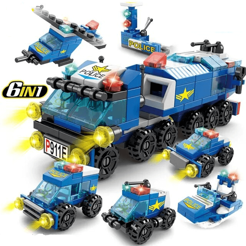 Intelligensutvecklande 6 i 1 Byggklossar – Brandbil, Polisbil och Ingenjörsfordon