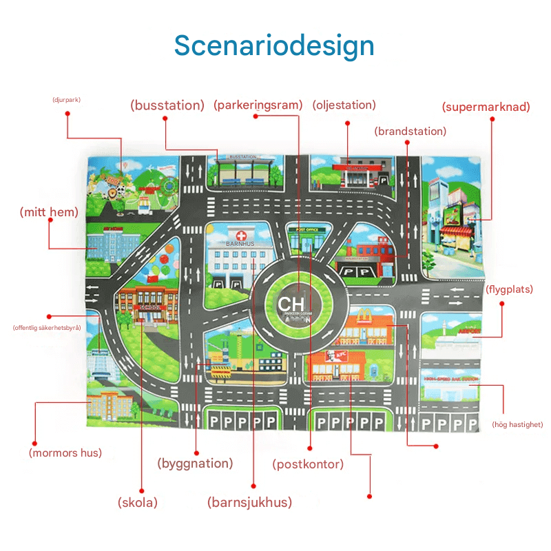 Stadsinspirerad Lekmatta – Vägkartaplansch för Kreativ och Pedagogisk Lek