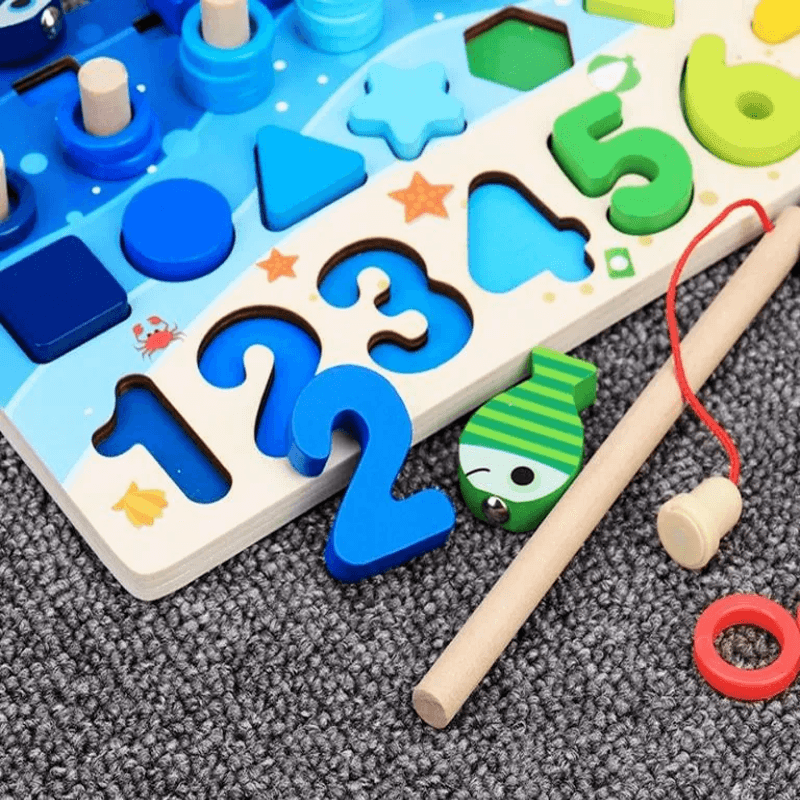 Montessori Träpussel för Småbarn | 5-i-1 Utbildningsleksak i Trä med Fiskespel, Sortering & Räkning – Pedagogiskt Lärspel för Barn 2–5 år