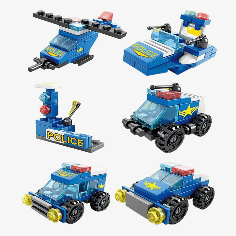 Intelligensutvecklande 6 i 1 Byggklossar – Brandbil, Polisbil och Ingenjörsfordon
