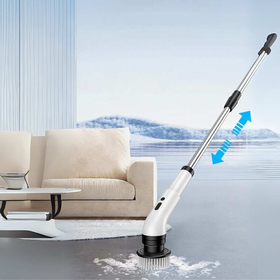 SpinClean - 9-i-1 elektrisk rengøringsbørste med stang til skånsom rengøring