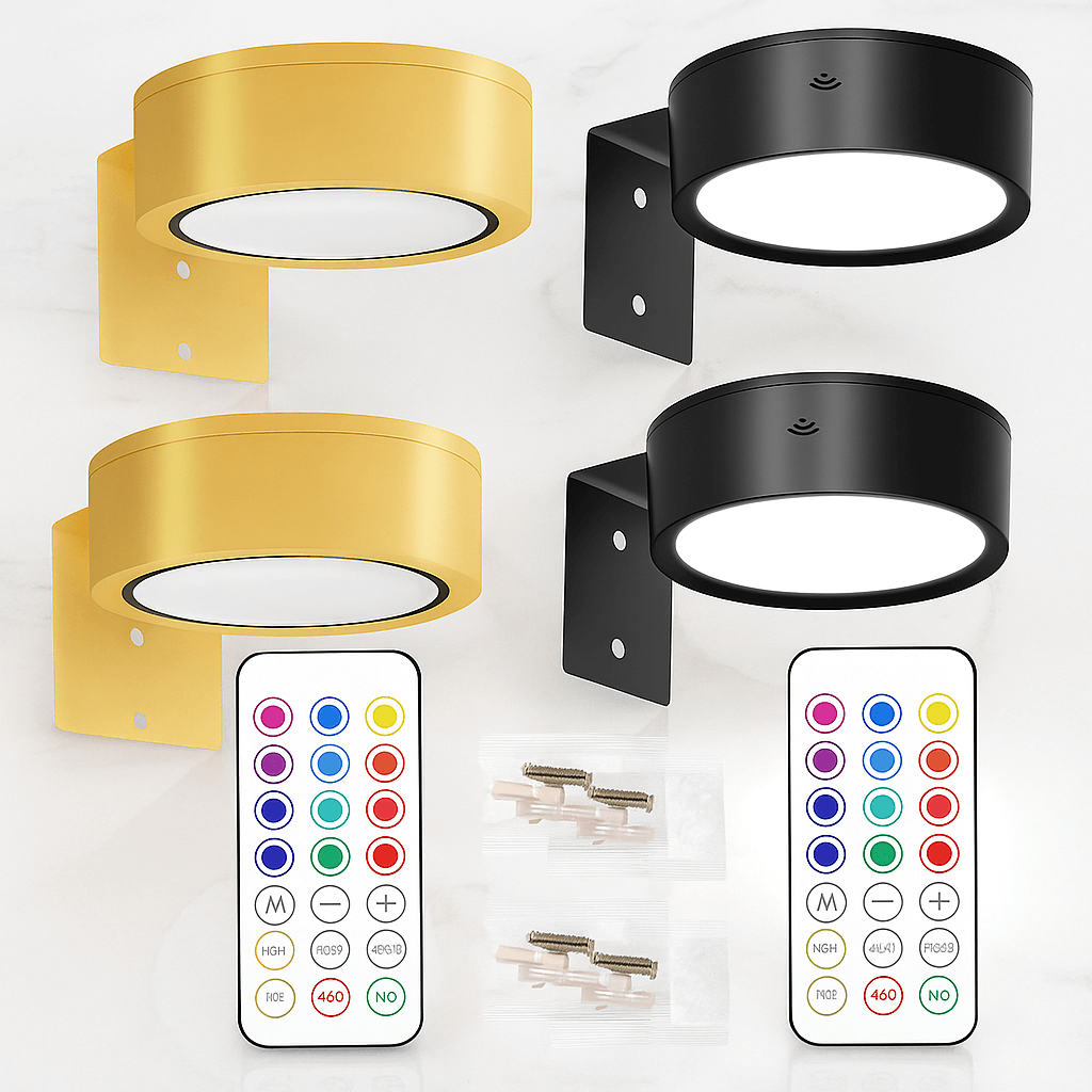 LINA – 2-pak LED-væglamper i sort og guld med 13 farveindstillinger, magnetisk montering og fjernbetjening