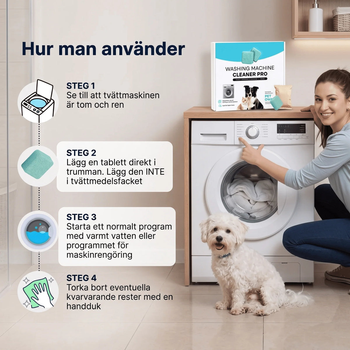 FreshCore – Rengöringstabletter för Tvättmaskin mot Djurhår och Lukt – Djuprengöring