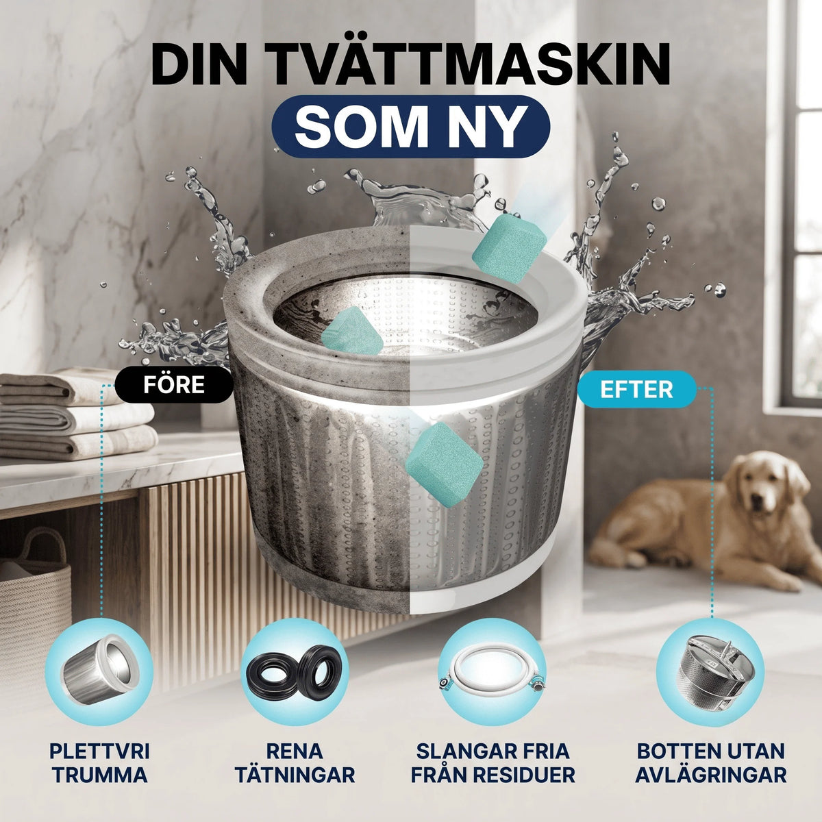 FreshCore – Rengöringstabletter för Tvättmaskin mot Djurhår och Lukt – Djuprengöring
