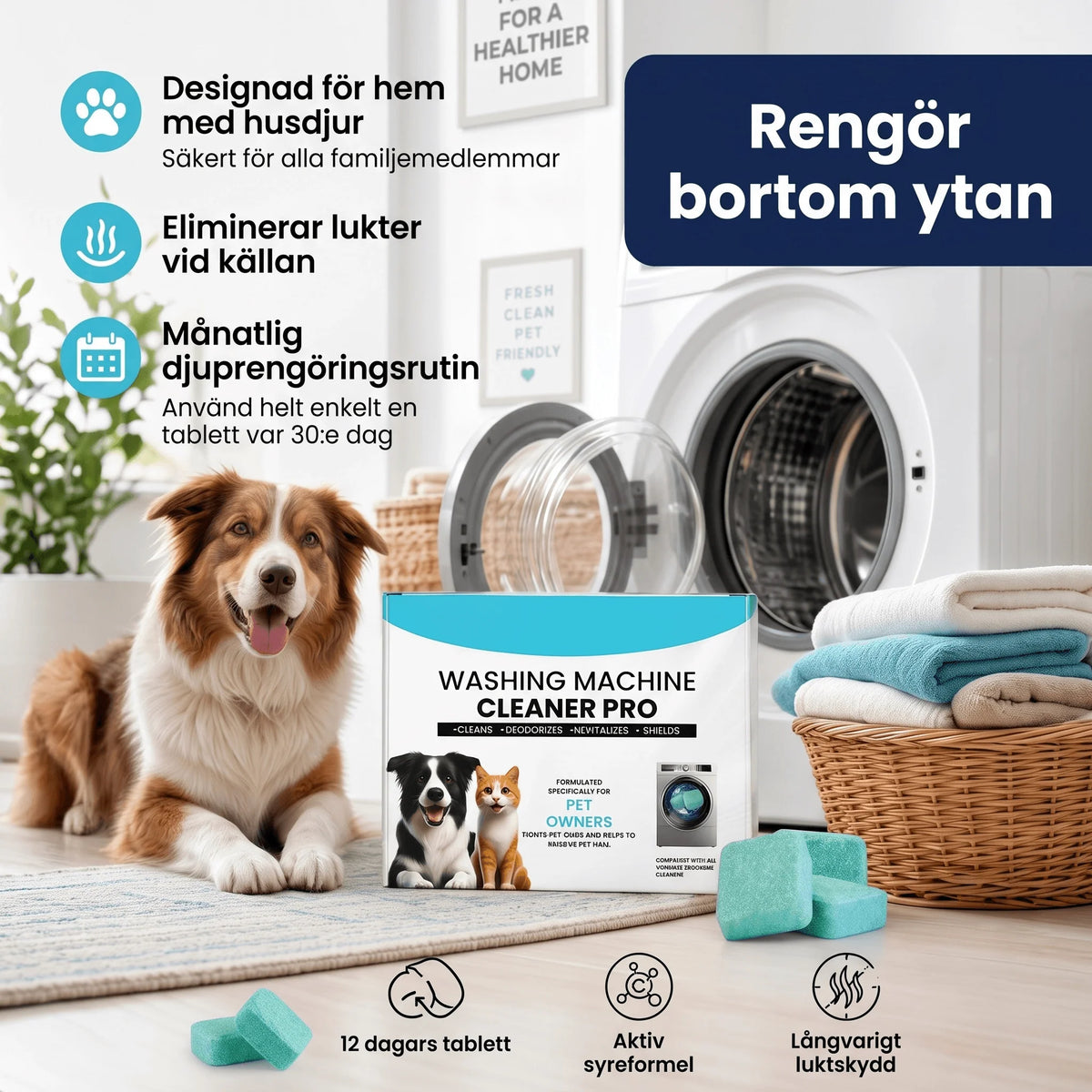 FreshCore – Rengöringstabletter för Tvättmaskin mot Djurhår och Lukt – Djuprengöring