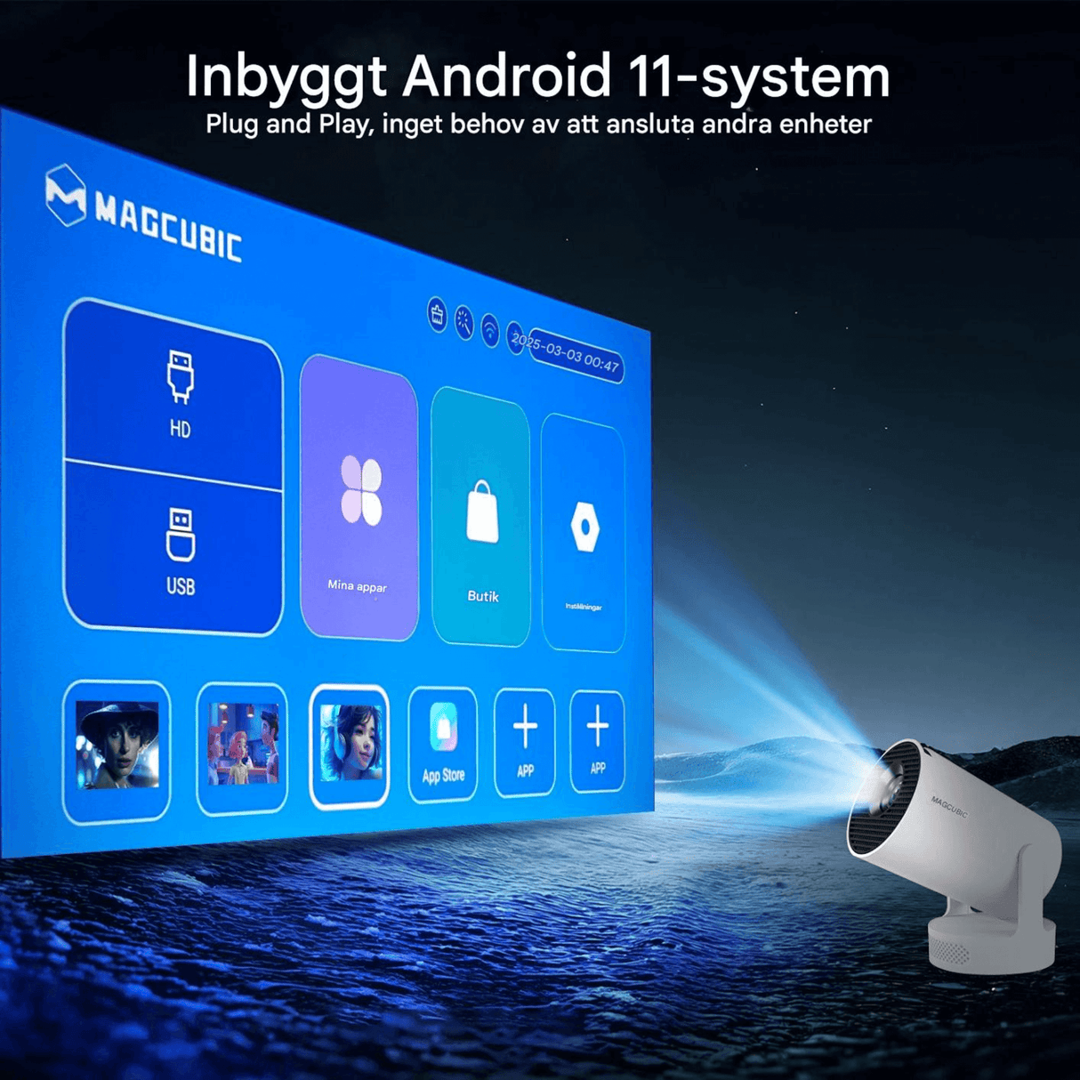 LumiCast View – Magcubic HY300 Pro+ Miniprojektor med Android 11, WiFi 6 og 720P LED-billede til hjemmebiograf og underholdning
