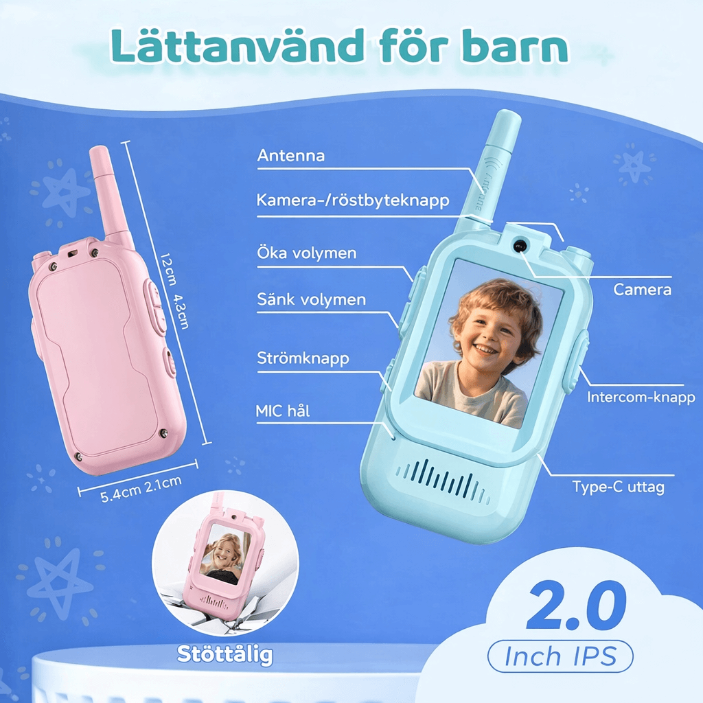 PlayTalk – Video Walkie Talkies för Barn med 2” HD-Skärm, USB-C och Tvåvägskommunikation