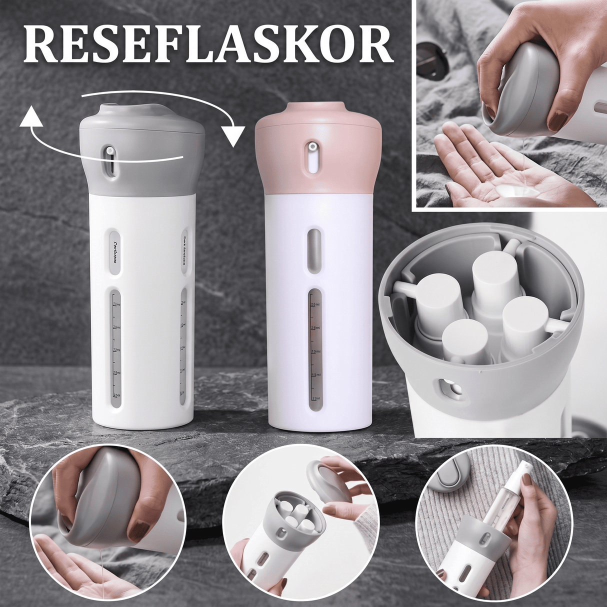 SpinFill – 4-i-1 Roterande Resedispenser med Läckagesäkra Refillflaskor på 40 ml – Kompakt Reseflaska