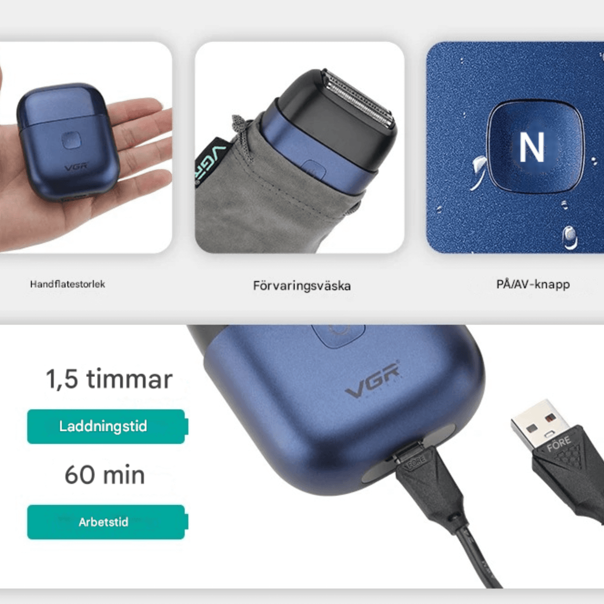 TrimAxis - Elektrisk barbermaskine med tre blade til mænd, IPX7 vandafvisende design & USB Type-C hurtig opladning