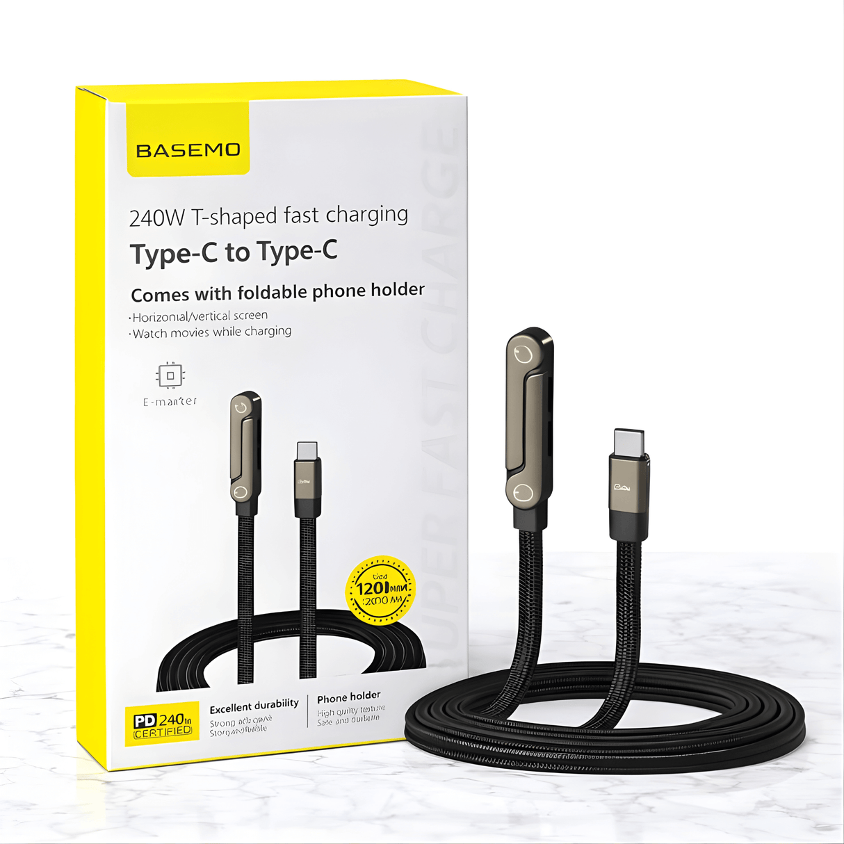 VoltDock – 240W/65W hurtigopladerkabel med foldbar stativ, flettet design og albuestik til mobil, tablet og bærbar computer