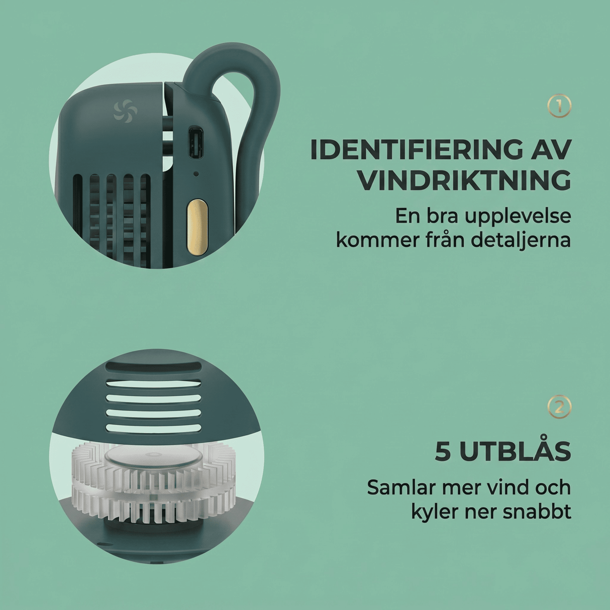VortBreeze – Bærbar minivifte med klemme – 360° luftstrøm, 3 hastigheter og USB-lading