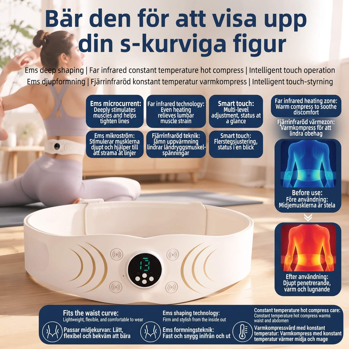 WaistWarm – Värmande EMS-Massagebälte med Rött Ljus för Nedre Rygg, Midja och Magmuskler – 6 Lägen, 16 Nivåer och 3 Värmenivåer