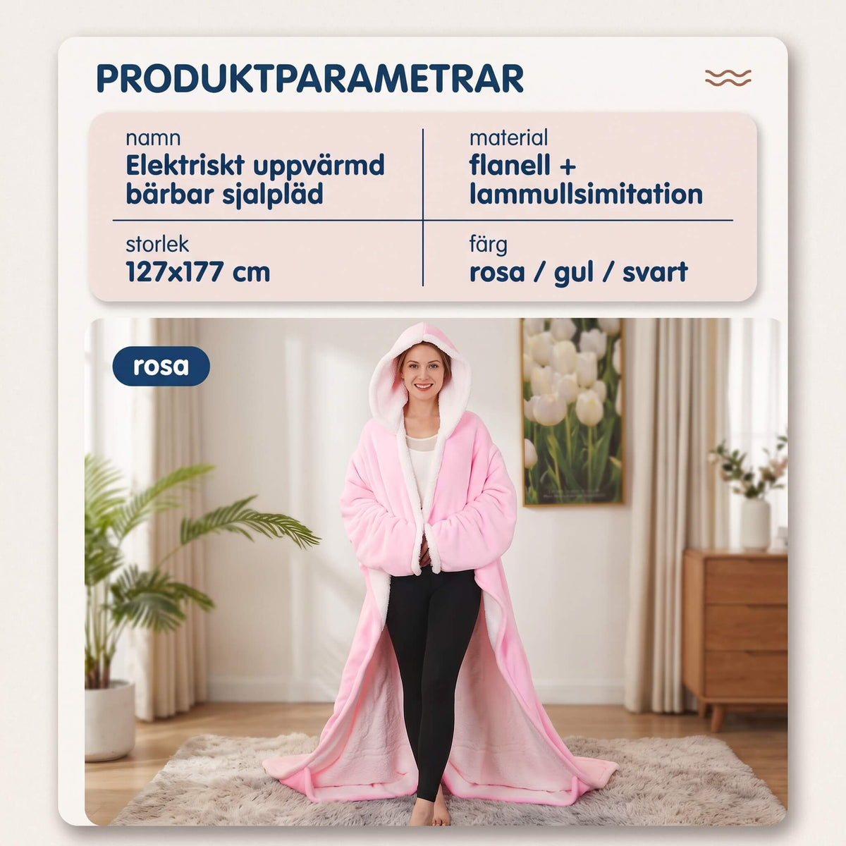 WarmCloak – Bärbar Eluppvärmd Filt med Huva och Fotfickor – Tvättbar Värmefilt med Timer och 9 Temperaturlägen
