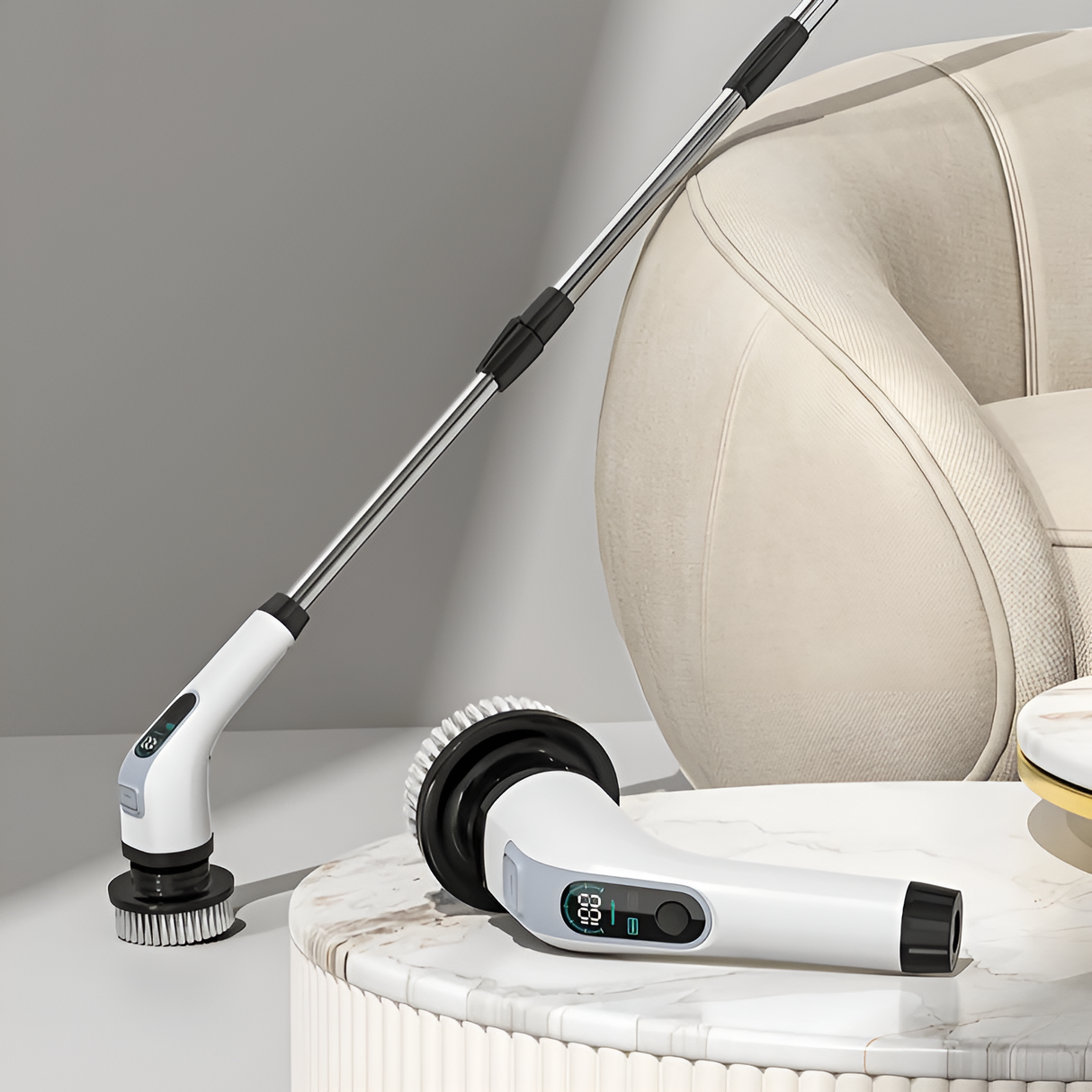 SpinClean - 9-i-1 elektrisk rengøringsbørste med stang til skånsom rengøring