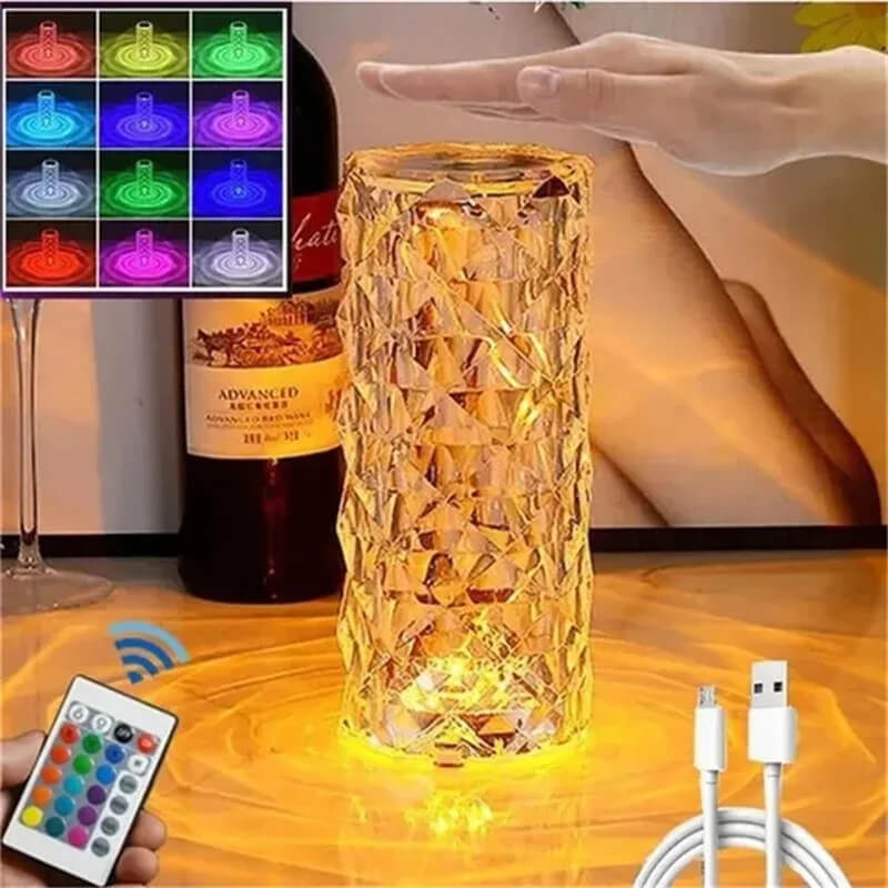 Crystal Lamp with 16 Colors & Diamond Rose LED Lamp - Touch & Remote Control USB Rechargeable, Romantic Mood for Home