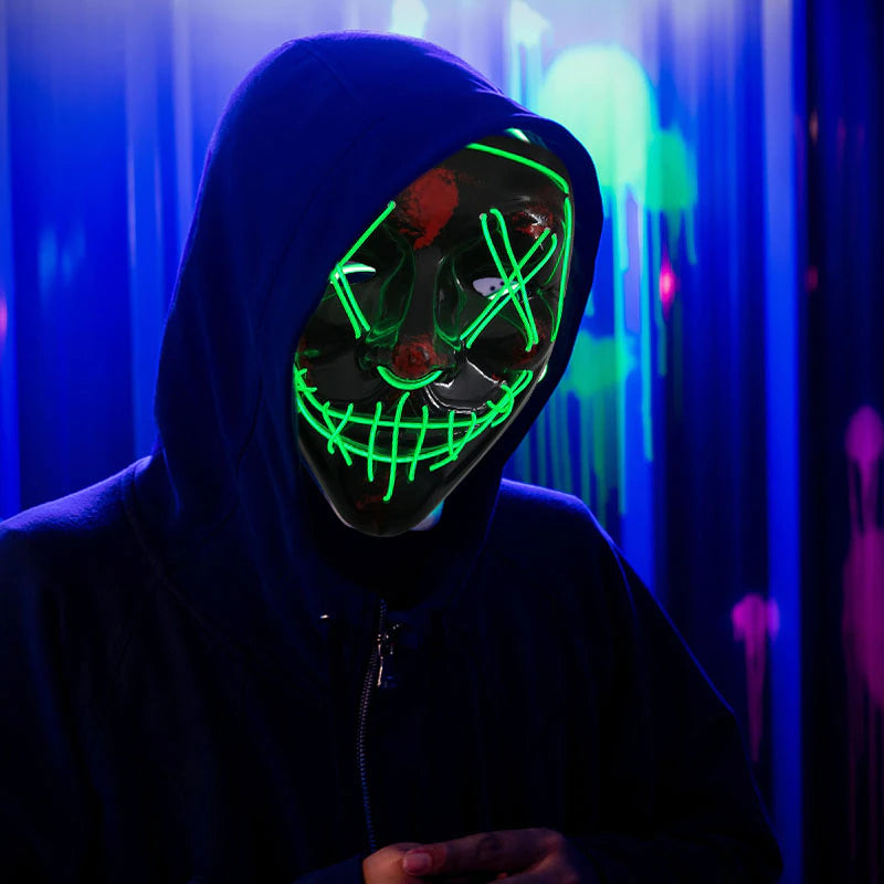 LED Skräckmask för Halloween & Maskerad | Purge-Inspirerad Blinkande Mask med 3 Ljuslägen – Justerbar & Säker EL-Wire Design