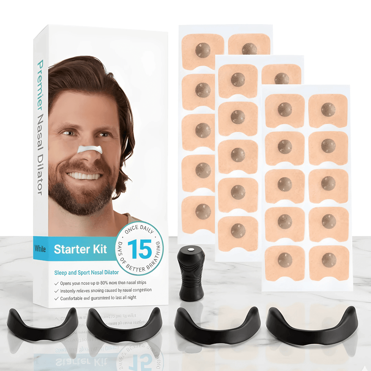 AirNite - Anti-Snoring Kit in Black or White with Nose Clip & Breathing Tabs for Better Nasal Breathing