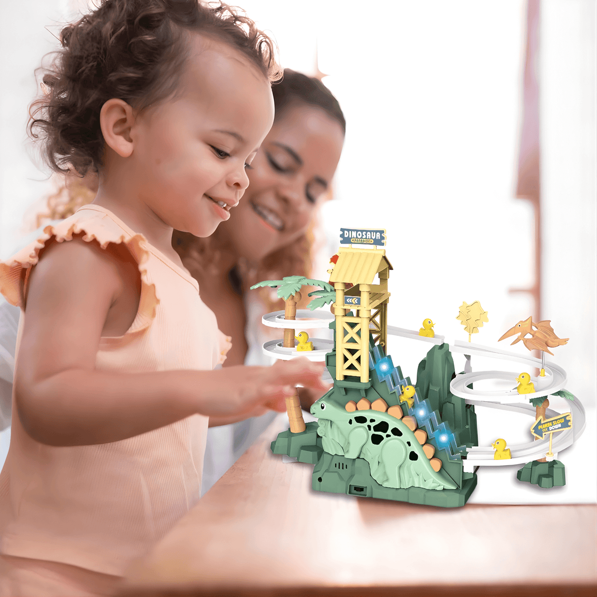 DinoTrack - Electric Double Track Dinosaur Slide with Dynamic Climbing Stairs, Lights & Music for Kids