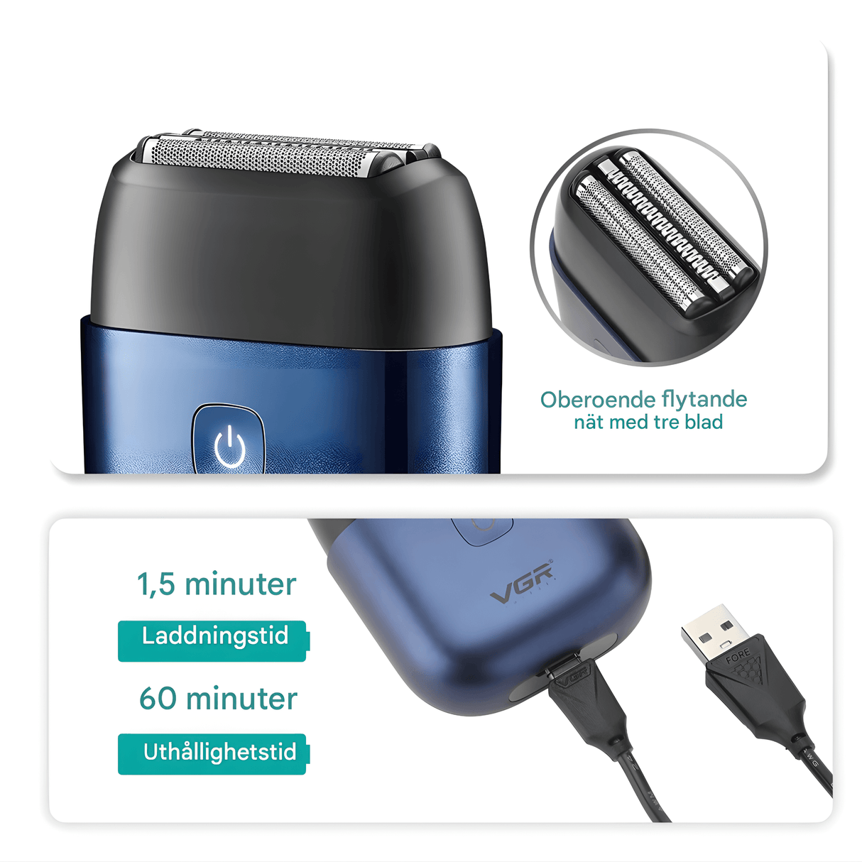 TrimAxis - Men's Triple Blade Electric Shaver, IPX7 Water Resistant Design & USB Type-C Quick Charge