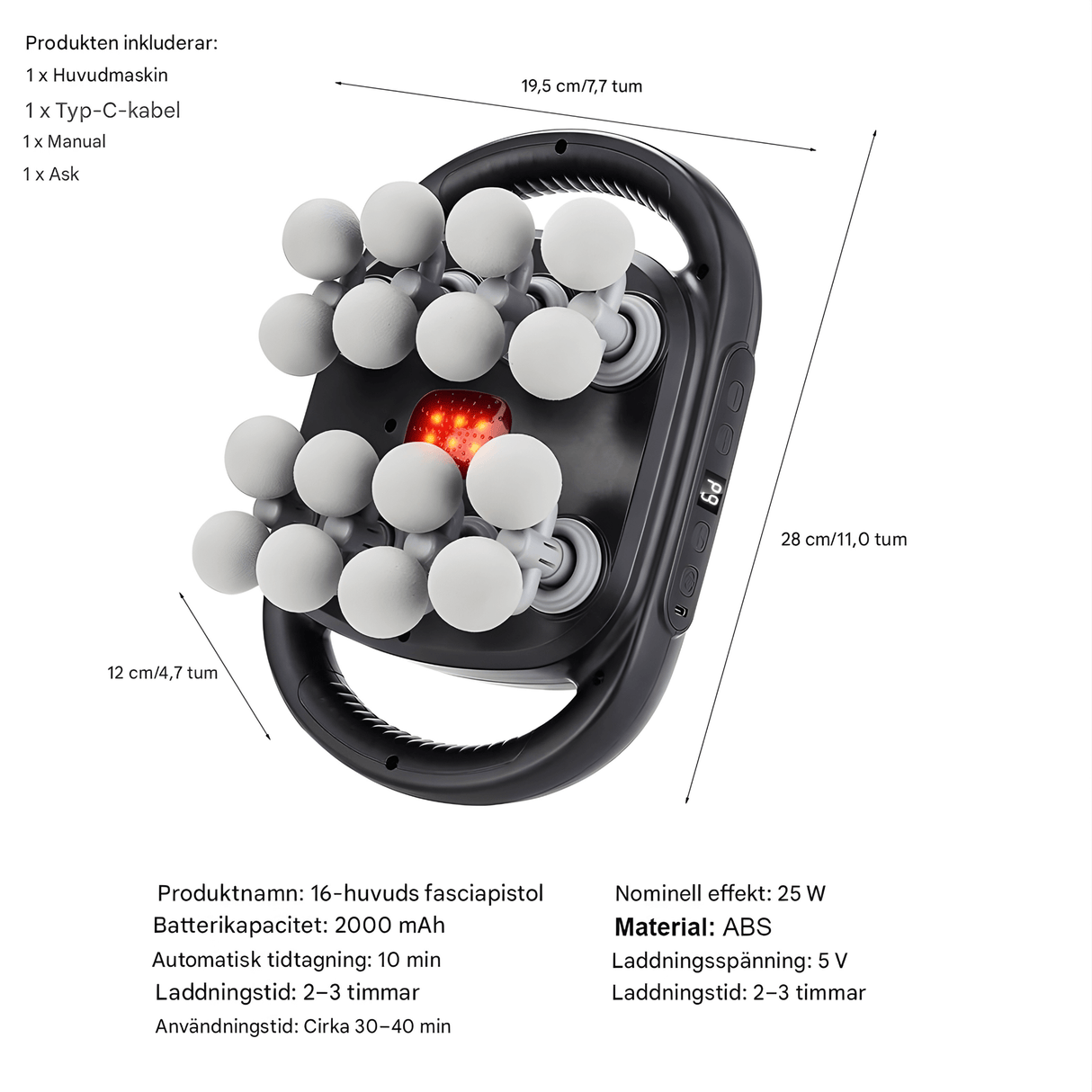 PulseRelief - 16-hoved-massagepistol med 9 tilstande & 20 intensitetsniveauer til hele kroppen