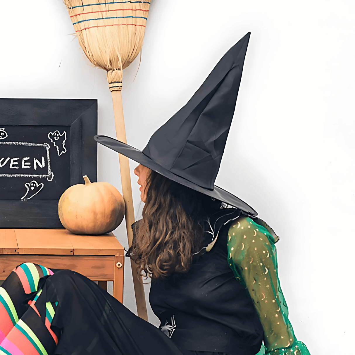 WitchGleam – Hopfällbar Halloweenhäxhatt i Svart Polyester för Maskerad, Party & Dekoration
