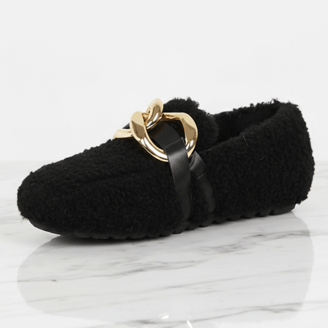 CozyGleam – Plush Faux Fur Cozy Shoes med Guldspänne och Teddy-Textur för Hem och Utomhus
